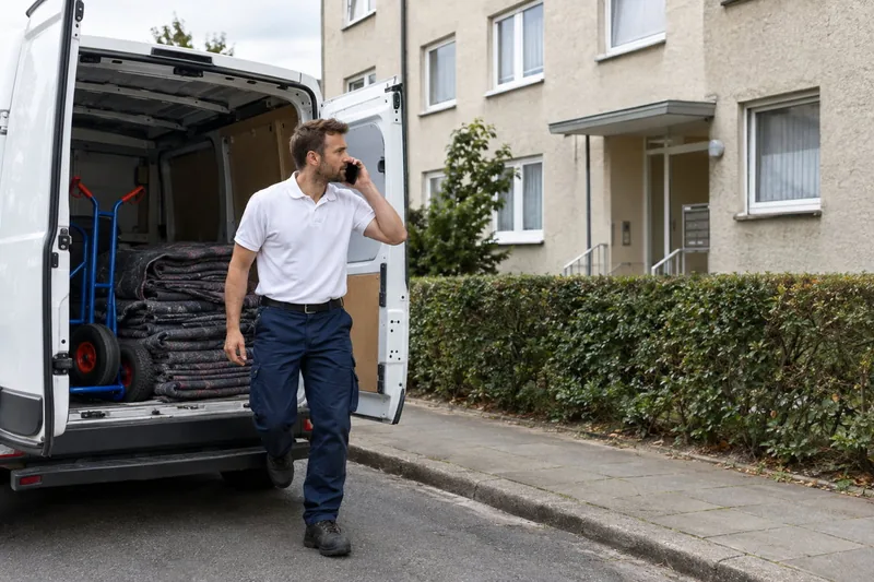 Schwabenkraft-Mitarbeiter telefoniert am offenen Transporter